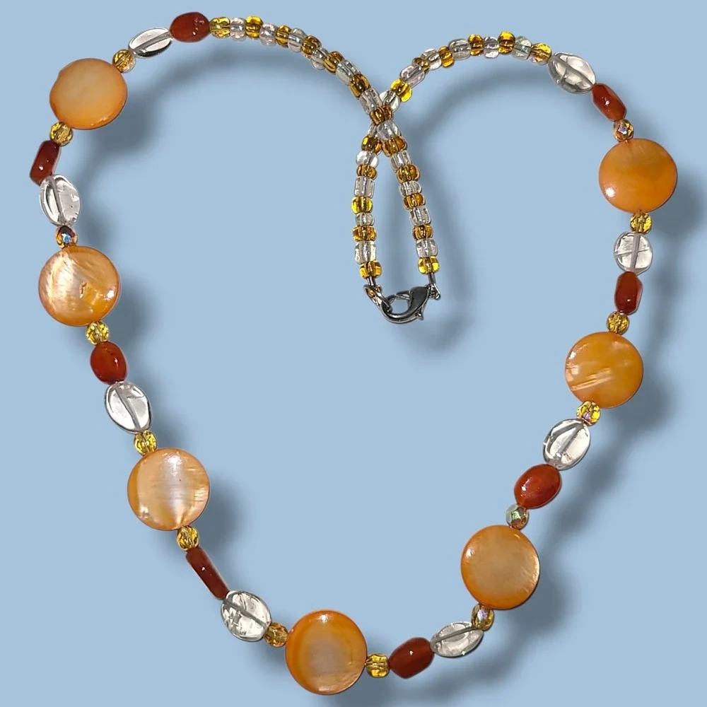 Vintage Orange & White Mother Of Pearl & Glass Beaded Necklace 17